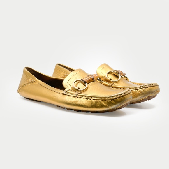 GUCCI Metallic Gold Leather Driving Loafers Bamboo Horsebit Size 10 - Picture 3 of 16